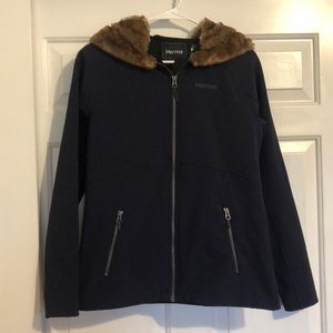 Navy blue Marmot rain jacket.